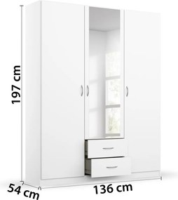 Šatníková skriňa Case, 136 cm, biela