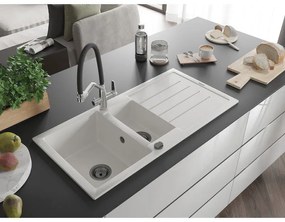 Mexen Andres, granitový drez 1000x500x200 mm, 1,5-komorový a drezová batéria Duo, biela, 6515-20-671701-07-B