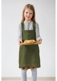 Detská tmavozelená ľanová zástera Linen Tales Pinafore, 60 x 34 cm