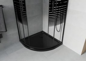 Mexen Rio, štvrťkruhový sprchovací kút s posuvnými dverami 90(dvere) x 90(dvere) x 190 cm, 6mm číre sklo s pásikmi, čierny profil + čierna sprchová vanička Slim, 863-090-090-70-20-4170B