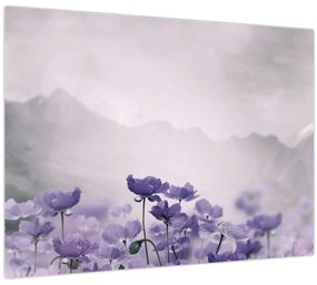 Sklenený obraz - Fialové kvety v horách (70x50 cm)