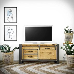 Dubová TV skrinka s kovovou konštrukciou v priemyselnom štýle 120x40x61 cm