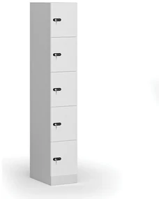 Šatníková skrinka s úložnými boxmi, 5 boxov, 1850 x 300 x 500 mm, mechanický kódový zámok, laminované dvere, biela
