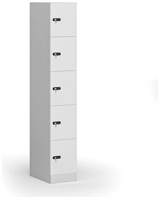 Šatníková skrinka s úložnými boxmi, 5 boxov, 1850 x 300 x 500 mm, mechanický kódový zámok, laminované dvere, biela