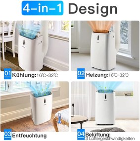 5 v 1 klimatizácia 14000 BTU vykurovanie a chladenie a ventilátor a odvlhčovanie Prenosná klimatizácia pre 40 ㎡ 44,5 x 39 x 77 cm biela