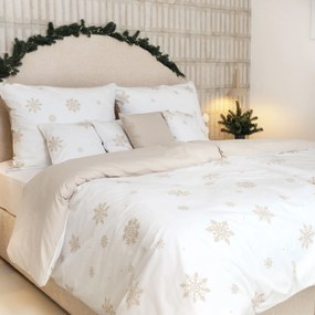 Goldea vianočné bavlnené posteľné obliečky duo - snehové vločky na bielej s latte 140 x 200 a 70 x 90 cm