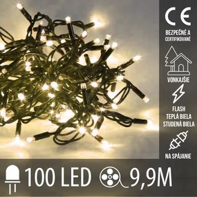 Vianočná led svetelná reťaz vonkajšia na spájanie flash - 100led - 9,90m teplá biela+studená biela