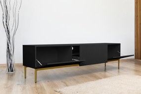 TV stolík Nicole 200 cm na metalových nožičkách so zásuvkou - čierny mat / zlaté nožičky