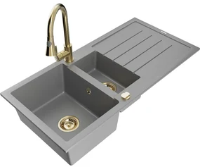 Mexen Andres, 1,5-komorový granitový drez 1000x500x200 mm a drezová batéria Elia, šedá, 6515-71-670101-50