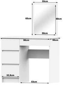 Kozmetický stolík so zrkadlom T-6 90x50 cm biely ľavý