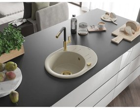 Mexen Kevin, 1-komorový granitový drez 586x458x190 mm a drezová batéria Flora, béžová, 6517-69-670401-57-G
