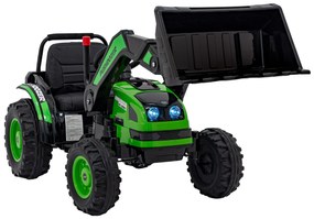Zelený detský traktorový bager na batérie + pohyblivé rameno + diaľkové ovládanie + pomalý štart + FM rádio + LED