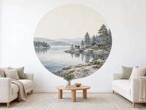 Chata pri severskom jazere severská kruhová samolepiaca dekorácia na stenu do obývačky arch 46 x 46 cm