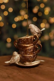 LUX zlatá vianočná ozdoba šálka s vtáčikmi 10cm