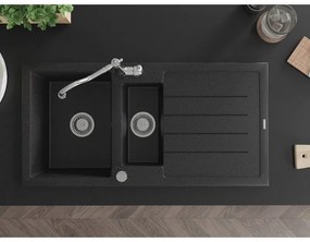 Mexen Andres, granitový drez 1000x500x200 mm, 1,5-komorový a drezová batéria Carla, čierna-strieborná metalíza, 6515-73-670700-00