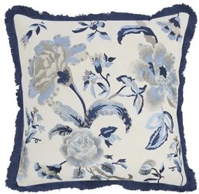 Bielo - modrý vankúš so vyšívanými kvetmi a strapcami Bloom - 50*50 cm