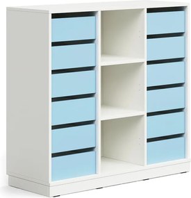 Úložná skrinka CASPER, 12 zásuviek, 3 priehradky, so soklom, biela/sky blue