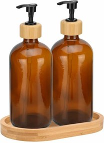 Dávkovač saponátu a mydla Dallas, hnedá/s čiernymi a drevenými prvkami, 500 ml, sada 2ks