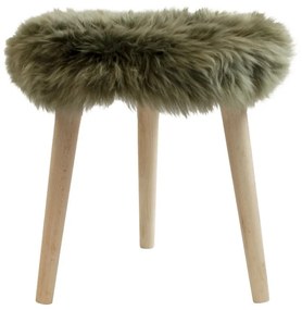 Drevená okrúhla stolička so šedo - zeleným sedákom z ovčej kože - Ø 36*45cm