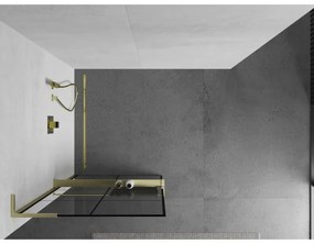 Mexen Kioto+ L, sprchová zástena Walk-In s poličkou a vešiakom 90 x 200 cm, 8mm číre sklo čierny vzor, zlatý matný profil, 800-090-123-55-77