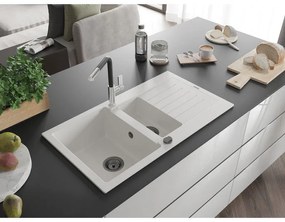Mexen Matias, 1,5-komorový granitový drez 900x505x200 mm a drezová batéria Flora, biela, 6502-20-670401-07-B