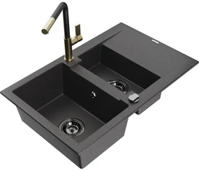 Mexen Gaspar, 1,5-komorový granitový drez 737x475x177 mm a drezová batéria Flora, čierna škvrnitá, 6507-76-670401-57-B