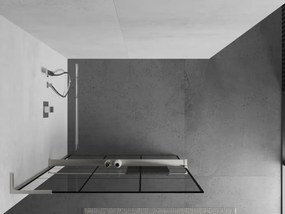 Mexen Kioto+ L, sprchová zástena Walk-In s poličkou a vešiakom 120 x 200 cm, 8mm číre sklo čierny vzor, brúsená oceľ profil, 800-120-123-97-77