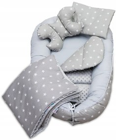 Obojstranné hniezdočko (kokon) pre bábätko - BABYMAM PREMIUM set 7v1 - Malé biele hviezdičky so šedou Minky