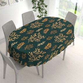 Biante Bavlnený oválny obrus Sandra SA-742 Zlaté vetvičky s lístkami na tmavo zelenom 120x160 cm