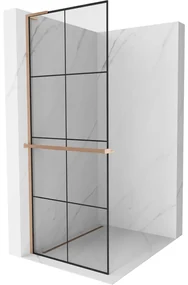 Mexen Kioto+ L, sprchová zástena Walk-In s poličkou a vešiakom 90 x 200 cm, 8mm číre sklo čierny vzor, medený matný profil, 800-090-123-65-77