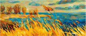 Obraz - Západajúce slnko nad jazerom, akrylová maľba (120x50 cm)