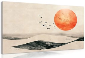Obraz japandi krajina s oranžovým mesiacom