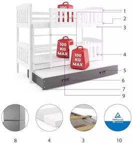 Poschodová posteľ s prístelkou KUBO 3 200x90 biela - grafitová