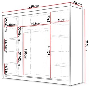 Šatníková skriňa s posuvnými dverami Fozzurt VII 250 (biela + čierna + zlatá) . Vlastná spoľahlivá doprava až k Vám domov. 1105715