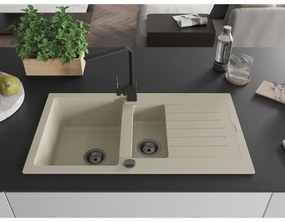 Mexen Matias, granitový drez 900x505x200 mm, 1,5-komorový a čierna batéria Rita, béžová, 6502-69-670300-70