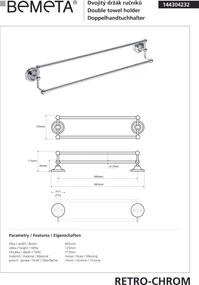 Bemeta Design RETRO chróm: Držiak uterákov, 600 mm, dvojitý - 144304232