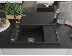 Mexen Elias, 1-komorový granitový drez 795x480x200 mm a drezová batéria Flora, čierna-strieborná metalíza, 6511-73-670401-57-G