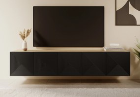 Závesná skrinka RTV Asha 200 cm s ryhovaným čelom - artisan / čierny mat