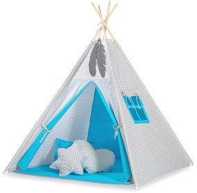 Bobono Stan Teepee pre deti + podložka na hranie + ozdobné pierka - Šedá kockovaná tyrkysová