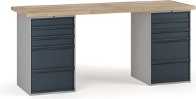 Dielenský pracovný stôl G7, buková škárovka, 2000 x 685 x 840 mm, 2x kontajner, 10 zásuviek, grafit
