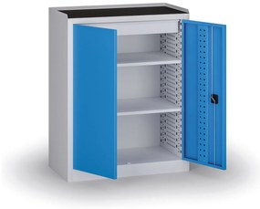 Policová dielenská skriňa 2-dverová, 2 police + 1 zásuvka, 1180 × 950 × 500 mm, modré dvere