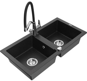 Mexen Mario, granitový drez 820x436x161 mm, 2-komorový a drezová batéria Duo, čierna-strieborná metalíza, 6504-73-671701-07