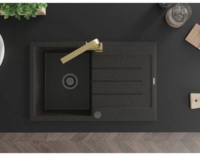 Mexen Bruno, drez granitový 795x495x200 mm, 1-komorový, čierna-zlatá metalíza s čiernym sifónom a čierna drezová batéria Rita, 6513-75-670300-50-B