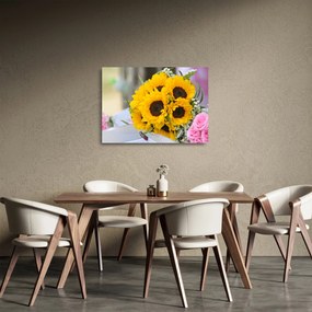 Sklenený obraz svadobnej kytice zo slnečníc (70x50 cm)