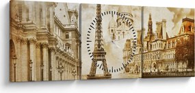 Obraz - Parížske pamiatky (s hodinami) (90x30 cm)