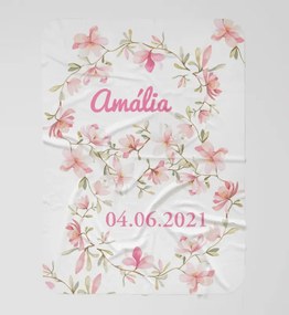interesi  Biela deka s ružovými kvetmi, menom a dátumom narodenia 70x100cm