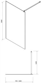Cersanit Mille, sprchová zástena typu Walk-In 100x200 cm, 8mm číre sklo, čierny profil, S161-003