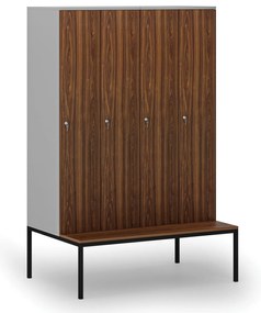 Drevená šatníková skrinka S4 s lavičkou, 4 oddiely, 1871 x 1200 x 500/800 mm, demont, cylindrický zámok, sivá/orech