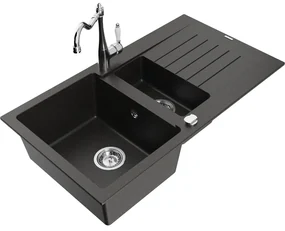 Mexen Matias, granitový drez 900x505x200 mm, 1,5-komorový a drezová batéria Carla, čierna-zlatá metalíza, 6502-75-670700-00