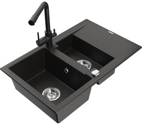 Mexen Gaspar, granitový drez 737x475x177 mm, 1,5-komorový, čierna batéria Duero, čierna-zlatá metalíza, 6507-75-671600-70